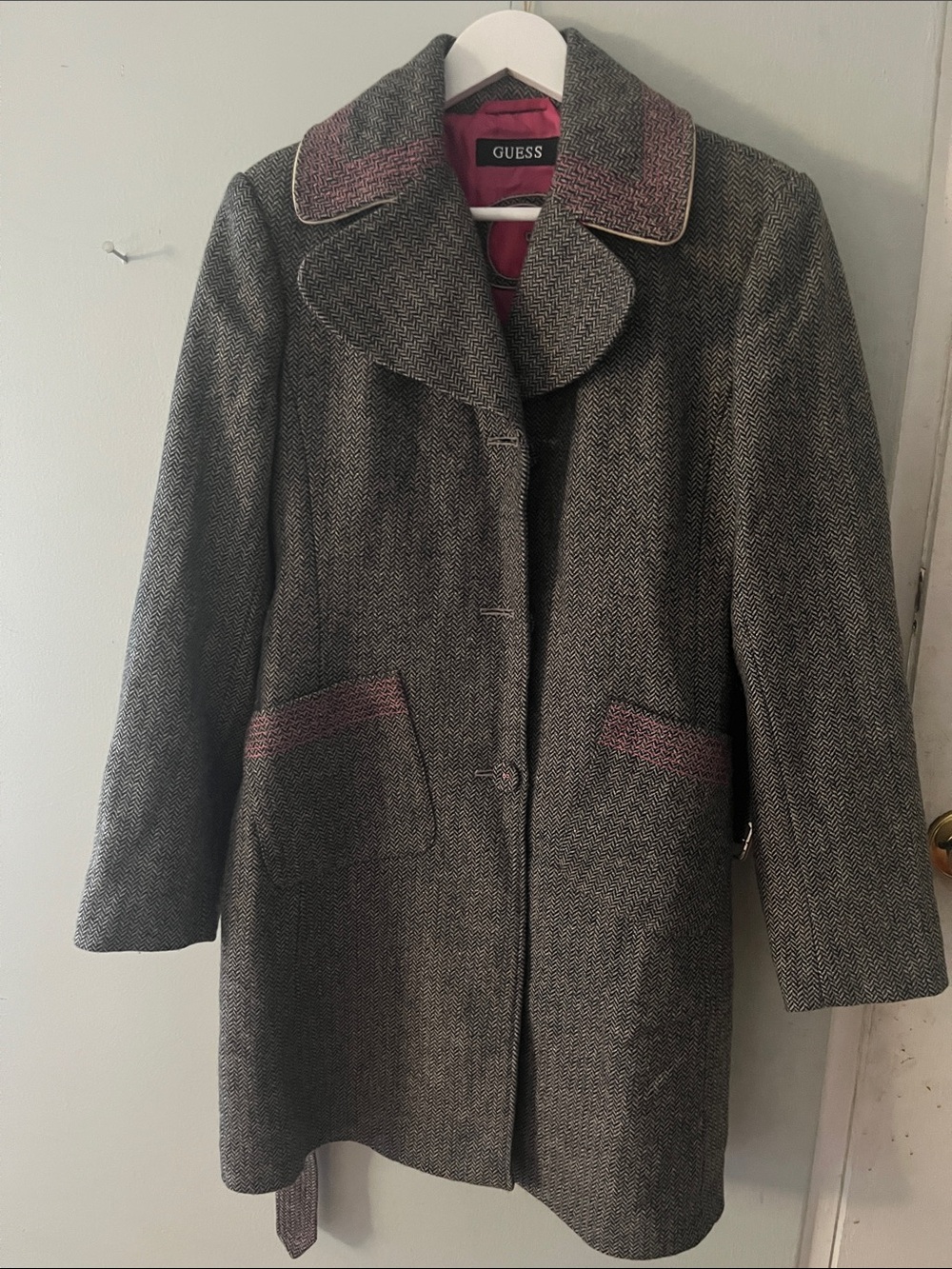 GUESS Gray Tweed Trench Coat with Pink Trim